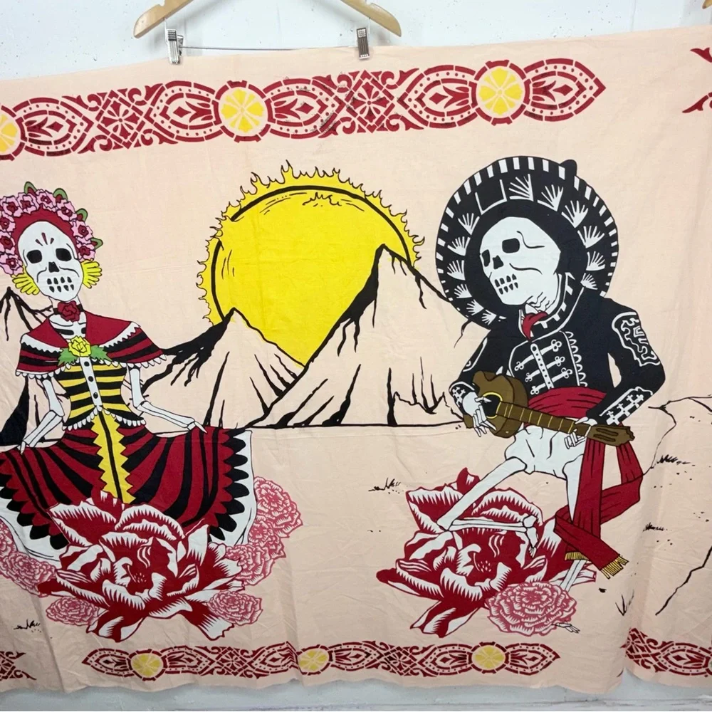 Sunshine Joy Mexican Day of the Dead Peach Tapestry 94 x 58.5”
